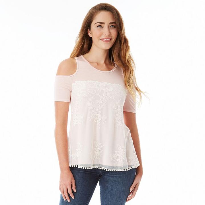 Juniors' Iz Byer California Lace Cold-shoulder Top, Girl's, Size: Small, Light Pink