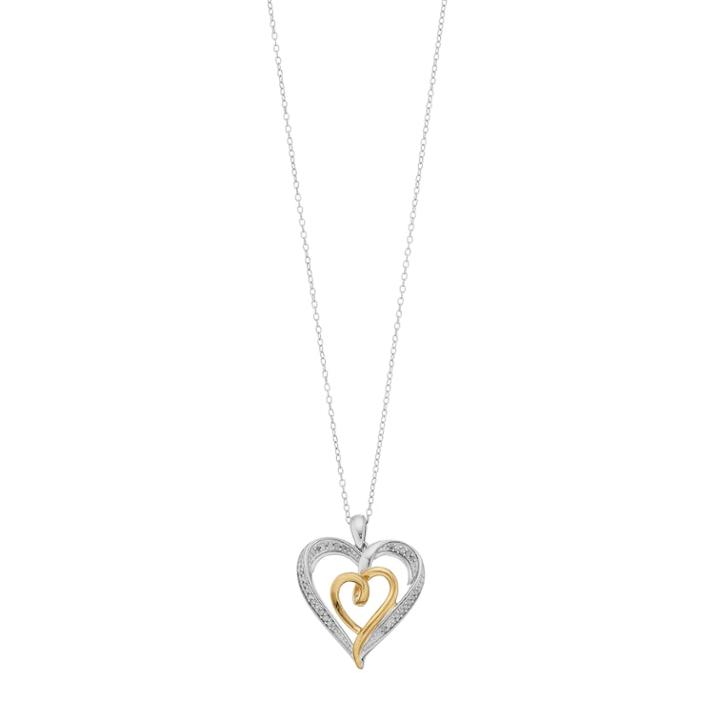 Two Tone Sterling Silver 1/10 Carat T.w. Diamond Double Heart Pendant Necklace, Women's, Size: 18, White