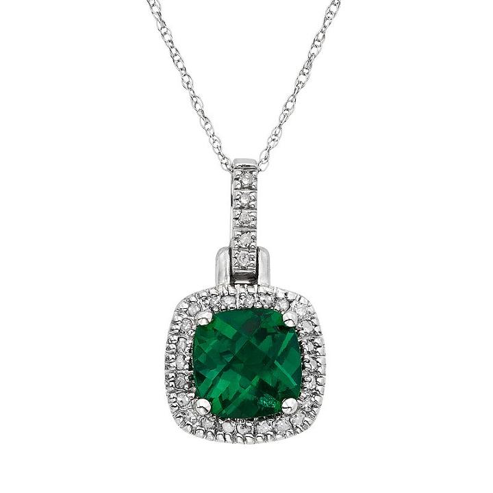 Lab-created Emerald & 1/8 Carat T.w. Diamond 10k White Gold Halo Pendant Necklace, Women's, Size: 18, Green