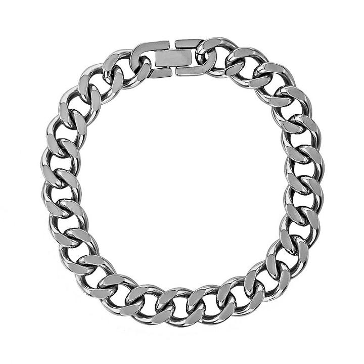 Stainless Steel Curb-link Bracelet - Men, Size: 9, Grey