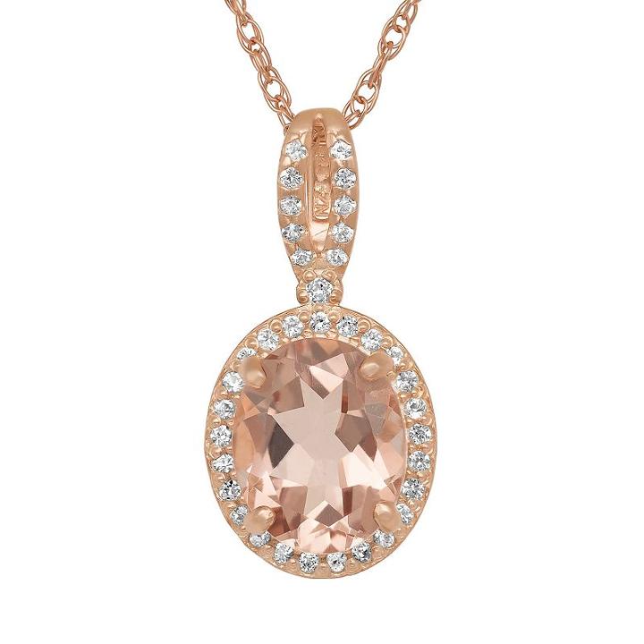 14k Rose Gold Over Silver Simulated Morganite & Lab-created White Sapphire Oval Halo Pendant, Women's, Size: 18, Pink