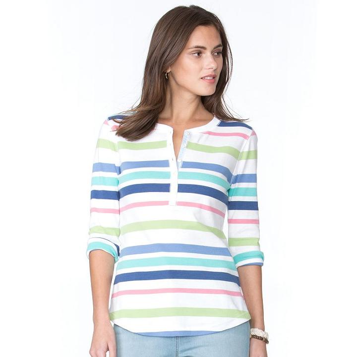 Women's Chaps Striped Henley, Size: Large, Pink Ovrfl