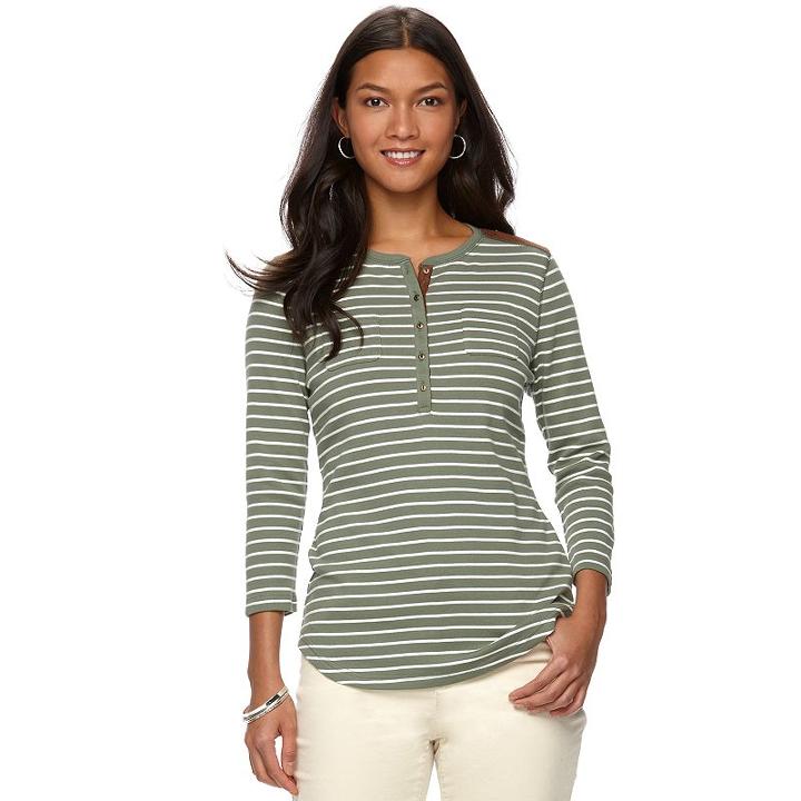 Women's Chaps Striped Faux-suede-trim Henley, Size: Xl, Green