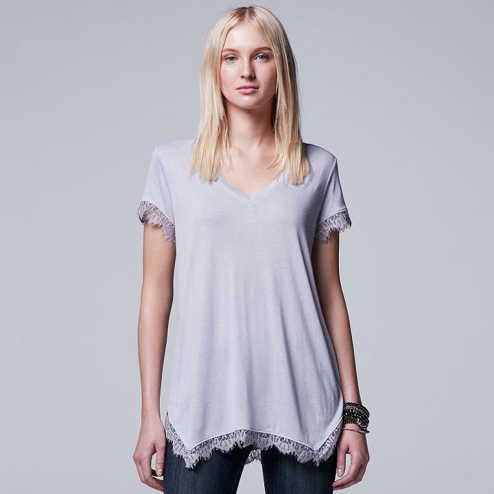 Petite Simply Vera Vera Wang Lace Trim Tee, Women's, Size: M Petite, Med Grey