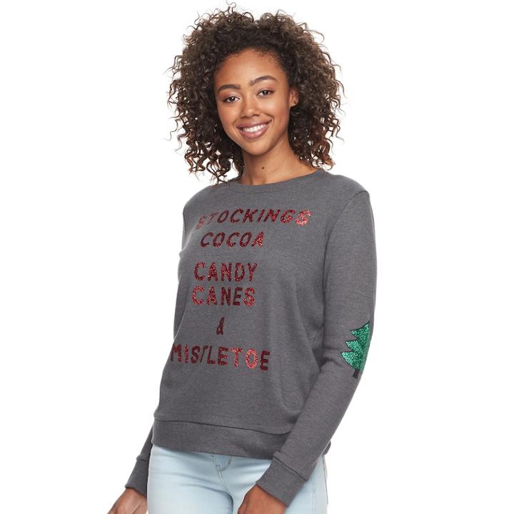 Junior's Mighty Fine Graphic Holiday Glitter Pullover, Teens, Size: Small, Grey (charcoal)