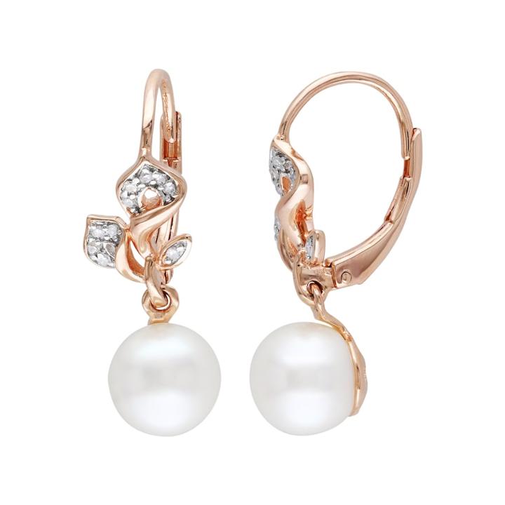 Stella Grace Freshwater Cultured Pearl And 1/10 Carat T.w. Diamond 18k Rose Gold Over Silver Drop Earrings, Women's, White