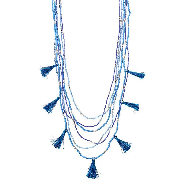Blue Seed Bead & Tassel Long Layered Necklace, Women's