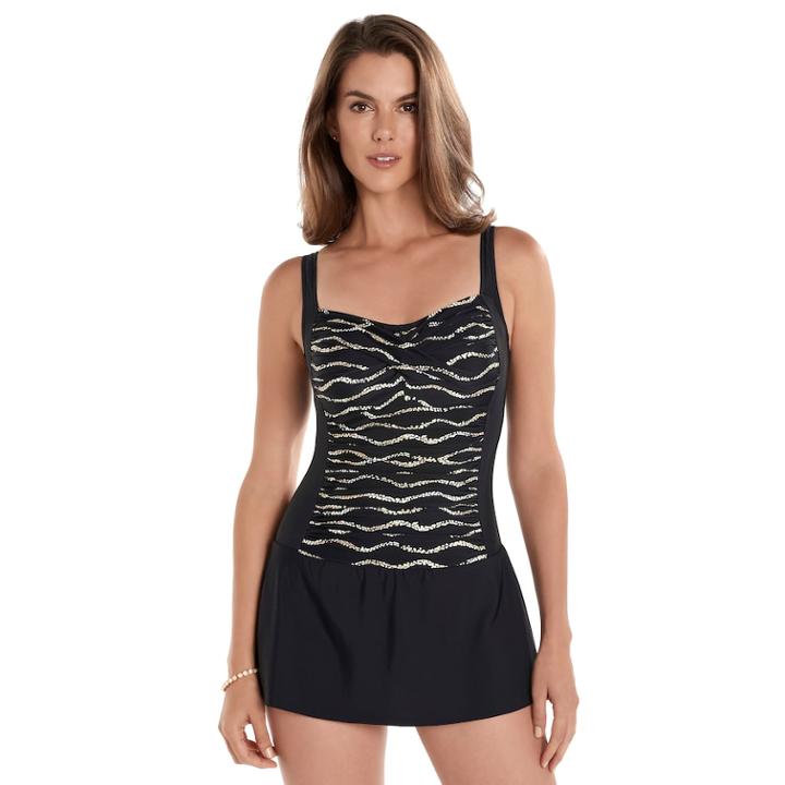Women's Upstream Hip Minimizer Skater Swimdress, Size: 6, Black