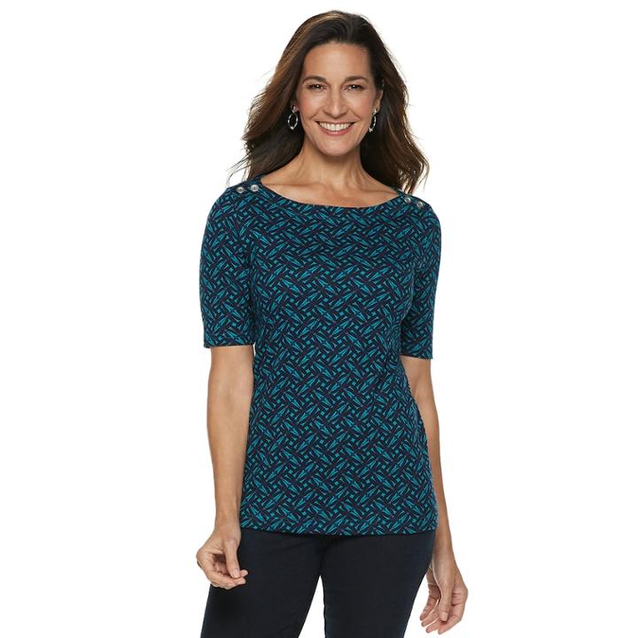 Women's Croft & Barrow&reg; Button-shoulder Boatneck Elbow Sleeve Top, Size: Small, Dark Blue