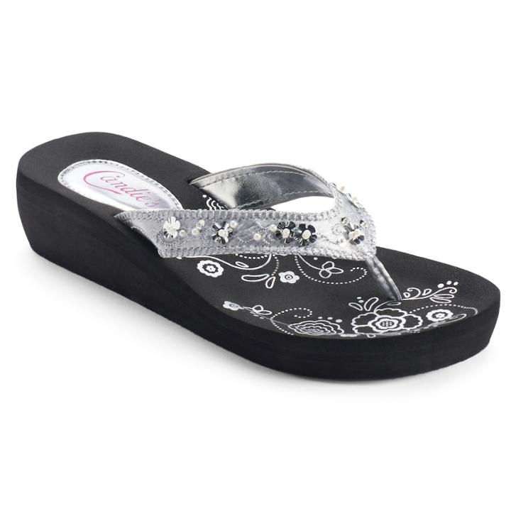 Candie's&reg; Women's Floral Simulated Pearl Wedge Flip-flops, Size: Medium, Silver