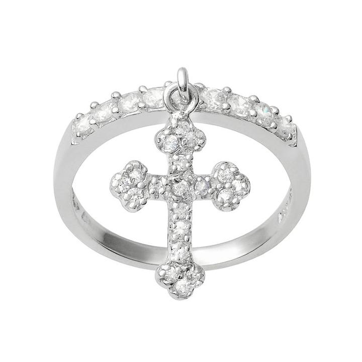 Journee Collection Cubic Zirconia Sterling Silver Cross Charm Ring, Women's, Size: 7, Grey