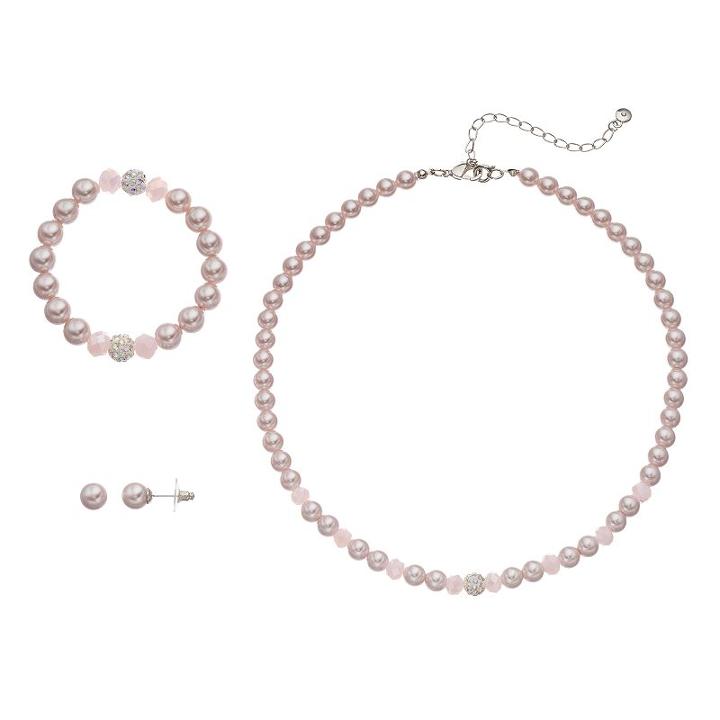 Pink Simulated Pearl Necklace, Stretch Bracelet & Stud Earring Set, Women's