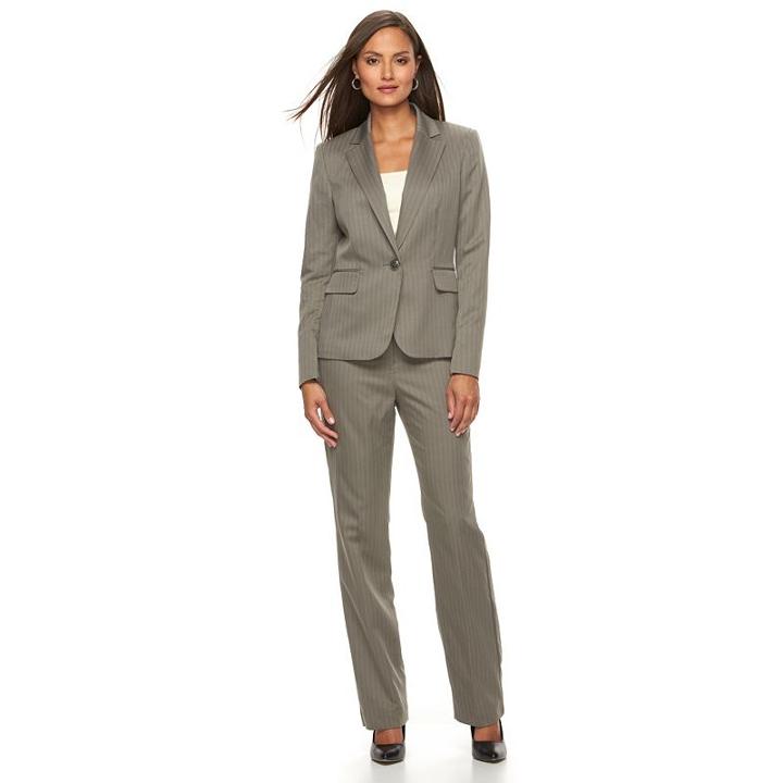 Women's Le Suit Striped Suit Jacket & Straight-leg Pants Set, Size: 6, Light Grey