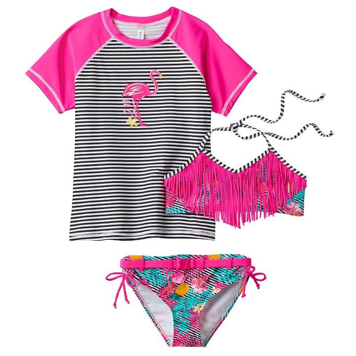 Girls 7-16 Big Chill Rashguard, Fringe Bikini & Scoop Bottoms Swimsuit Set, Girl's, Size: 7-8, Pink