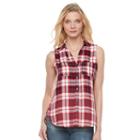 Women's Rock & Republic&reg; Sleeveless Plaid Shirt, Size: Medium, Med Red