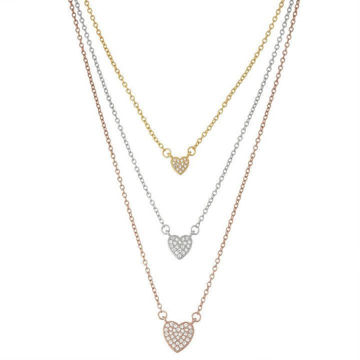 Tri-tone Sterling Silver Cubic Zirconia Heart Layered Necklace, Women's, Size: 17, White