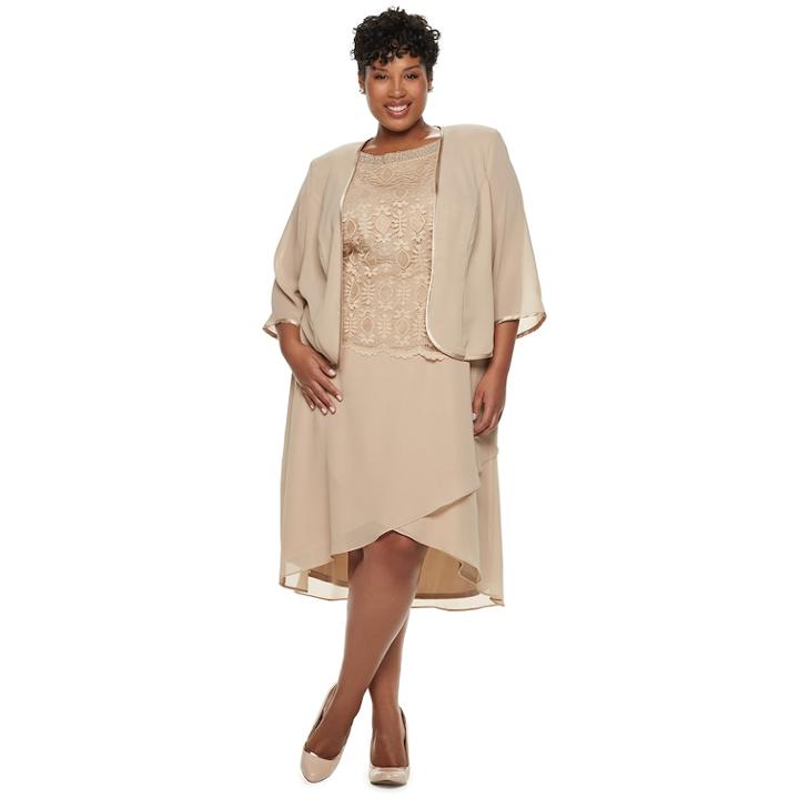 Plus Size Maya Brooke Embroidered Dress & Jacket Set, Women's, Size: 22 W, Beige