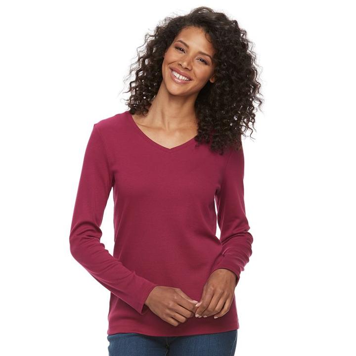 Women's Croft & Barrow&reg; Classic Long Sleeve V-neck Tee, Size: Medium, Pink
