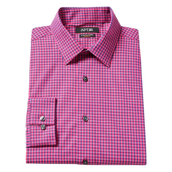 Men's Apt. 9 &reg; Slim-fit Plaid Stretch Dress Shirt, Size: 17-32/33, Pink