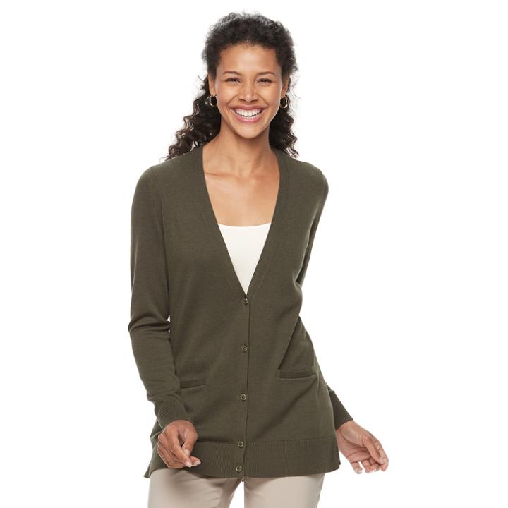 Women's Croft & Barrow&reg; V-neck Button-down Cardigan, Size: Large, Green