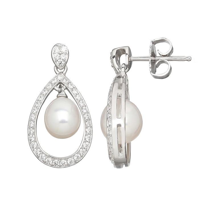 Freshwater By Honora Freshwater Cultured Pearl & Cubic Zirconia Sterling Silver Teardrop Earrings - Made With Swarovski Cubic Zirconia, Women's, White
