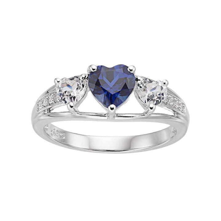 Sterling Silver Lab-created Blue & White Sapphire Triple Heart Ring, Women's, Size: 6