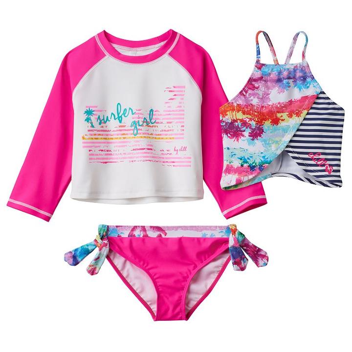 Girls 4-16 Big Chill Surfer Girl Rashguard, Tankini & Scoop Bottoms Swimsuit Set, Size: 7-8, Pink