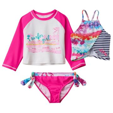 Girls 4-16 Big Chill Surfer Girl Rashguard, Tankini & Scoop Bottoms Swimsuit Set, Size: 7-8, Pink