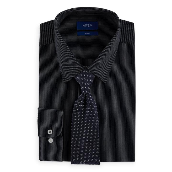 Men's Apt. 9&reg; Slim-fit Stretch Spread-collar Dress Shirt & Tie Set, Size: M-34/35, Black