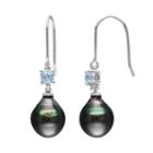 Tahitian Cultured Pearl, Blue Topaz And Diamond Accent Sterling Silver Drop Earrings, Women's, Multicolor