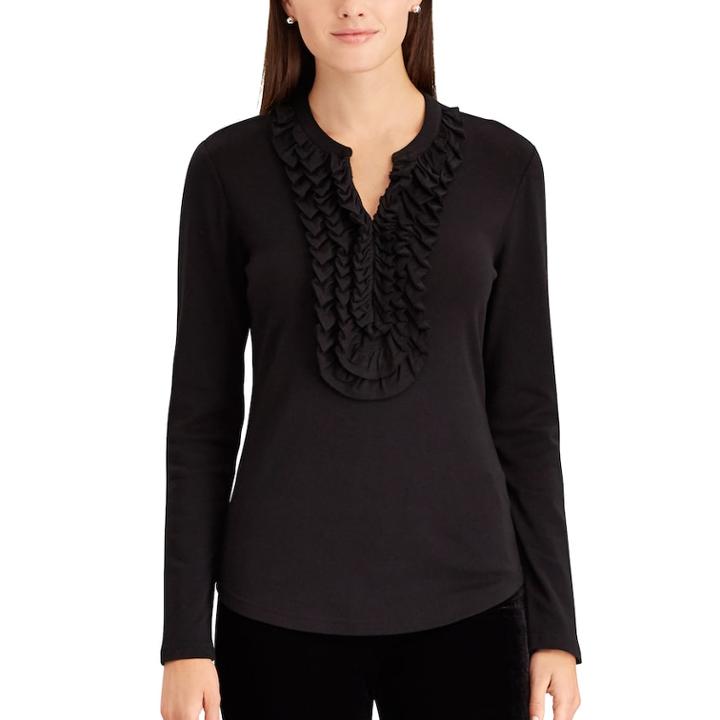 Petite Chaps Ruffled Henley, Women's, Size: Xs Petite, Black