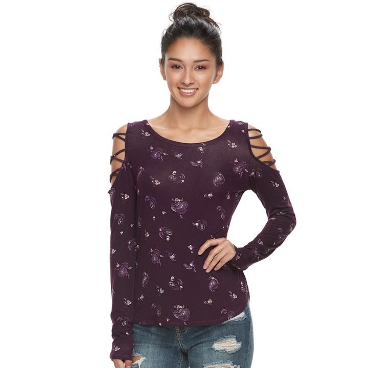 Juniors' Mudd&reg; Lattice Cold-shoulder Sleeve Top, Teens, Size: Small, Drk Purple