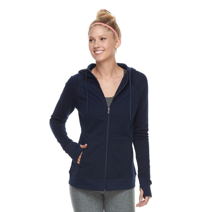 Women's Tek Gear&reg; Fleece Hooded Thumb Hole Jacket, Size: Large, Dark Blue