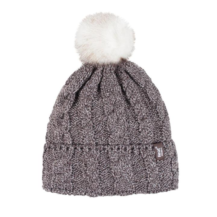 Women's Heat Holders Cable Knit Rolled Pom Pom Beanie, Beig/green (beig/khaki)