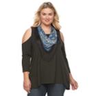 Plus Size World Unity Cold Shoulder Top With Tassle Scarf, Women's, Size: 2xl, Grey (charcoal)