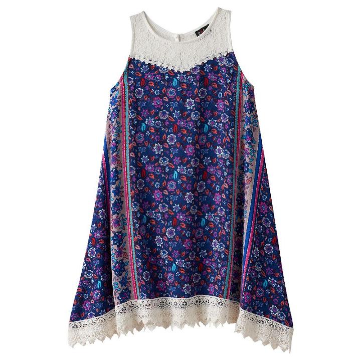 Girls 7-16 Lilt Flower Print Lace Trim Handkerchief Hem Dress, Girl's, Size: 12, Med Blue