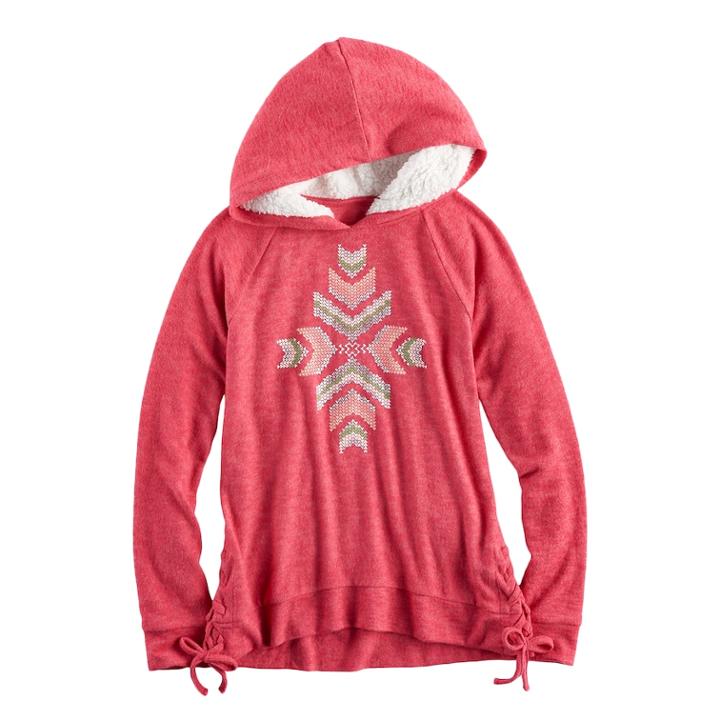 Girls 7-16 Mudd Side-seam Lace-up Sherpa Hoodie, Size: 7-8, Med Red
