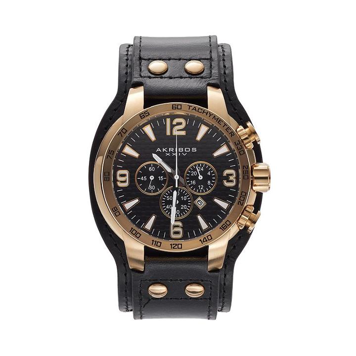 Akribos Xxiv Men's Extremis Leather Chronograph Watch, Black
