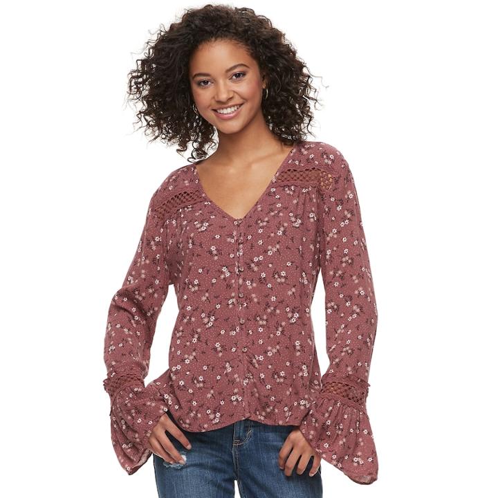 Juniors' American Rag Floral Bell Sleeve Blouse, Size: Xl, Drk Purple