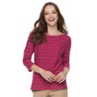 Women's Croft & Barrow&reg; Striped Button Sleeve Tee, Size: Small, Dark Pink