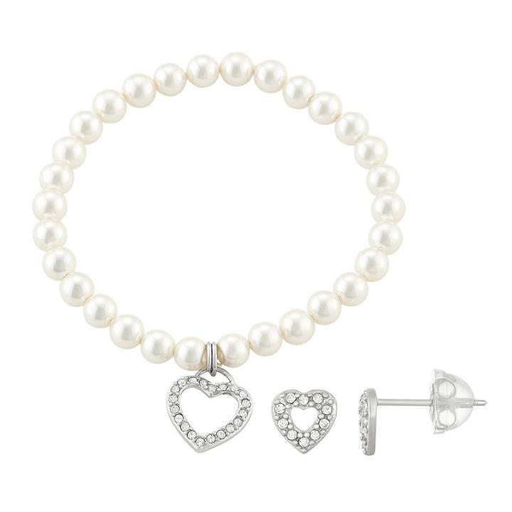 Lulabelle Kids' Shell Pearl & Crystal Heart Stretch Bracelet & Stud Earring Set, Women's, White