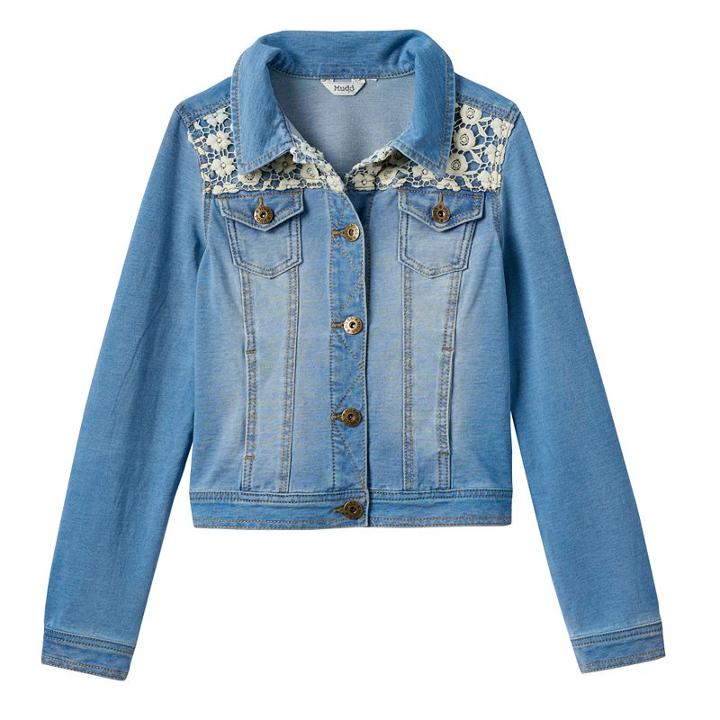Girls 7-16 & Plus Size Mudd&reg; Crocheted Yoke Knit Denim Jacket, Girl's, Size: 7-8, Blue (navy)