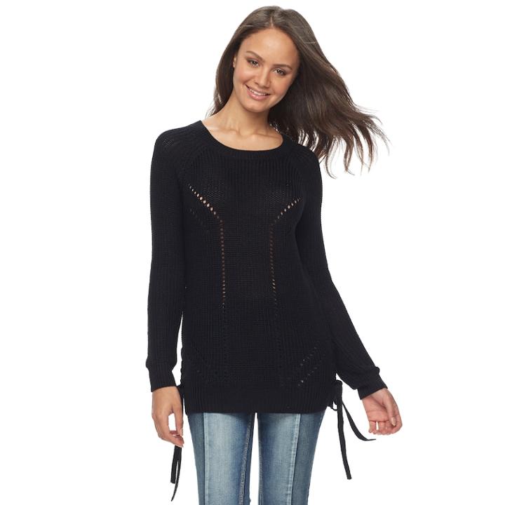 Juniors' So&reg; Lace-up Tunic Sweater, Teens, Size: Small, Black