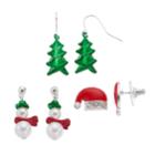 Snowman, Santa Hat & Christmas Tree Drop Earring Set, Women's, Multicolor
