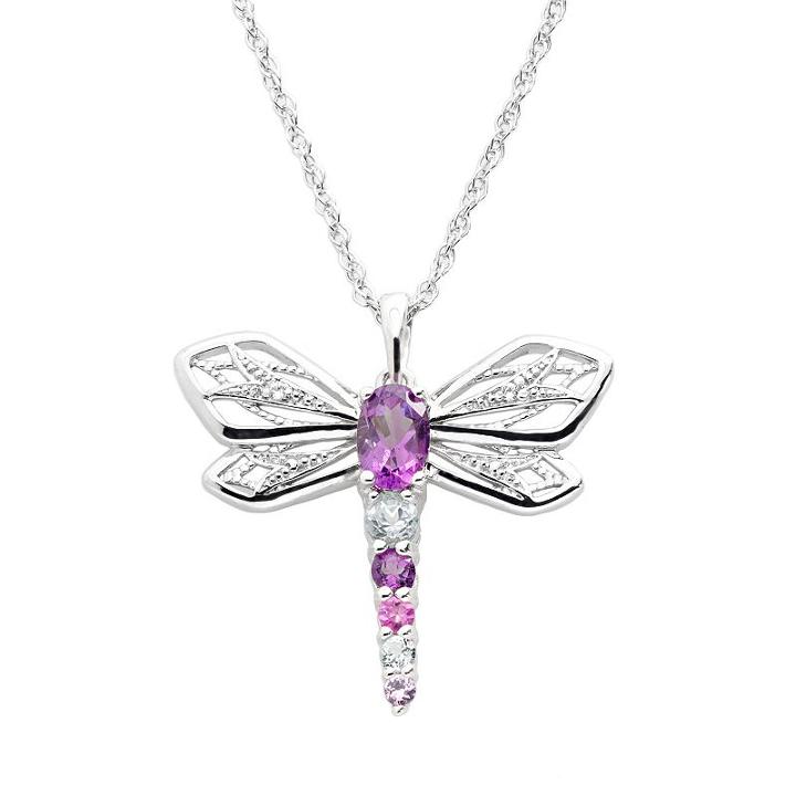 Sterling Silver Lab-created Amethyst, Lab-created Sapphire And Sky Blue Topaz Dragonfly Pendant, Women's, Purple