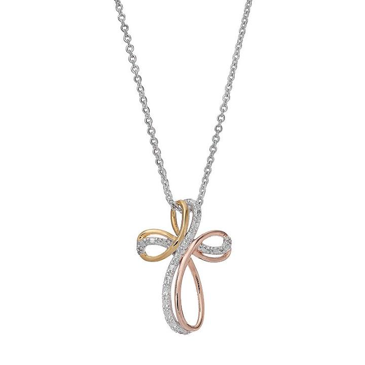 Delicate Diamonds Tri-tone Sterling Silver Cross Pendant Necklace, Women's, Multicolor