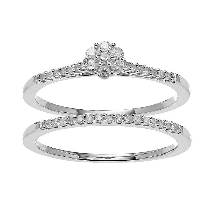 Sterling Silver 1/4 Carat T.w. Diamond Cluster Engagement Ring Set, Women's, Size: 7, White