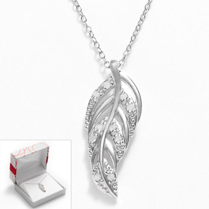 Sterling Silver 1/10-ct. T.w. Diamond Openwork Feather Pendant, Women's, Size: 18, White