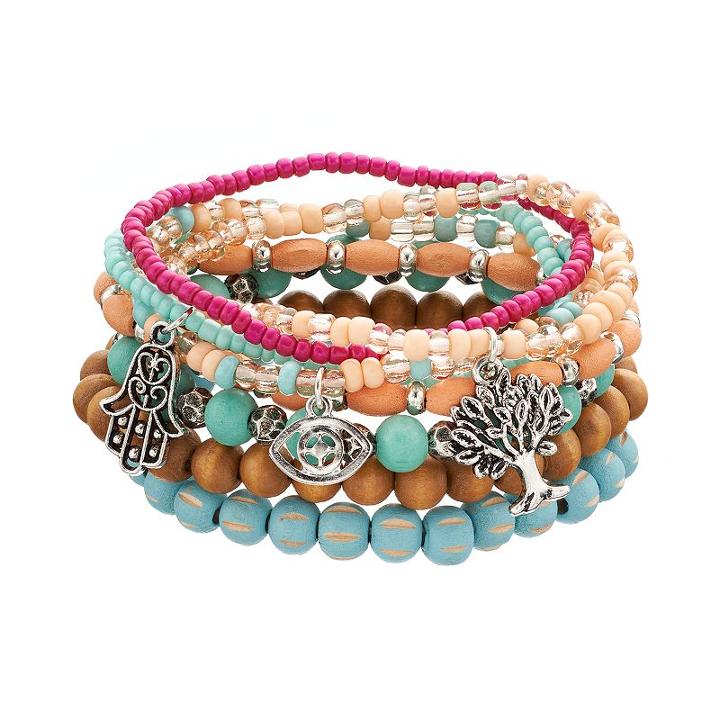Mudd&reg; Bead, Hamsa, Tree & Evil Eye Stretch Bracelet Set, Women's, Other Clrs