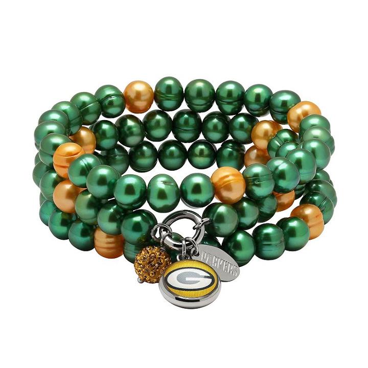 Green Bay Packers Dyed Freshwater Cultured Pearl Team Logo Charm Stretch Bracelet Set, Women's